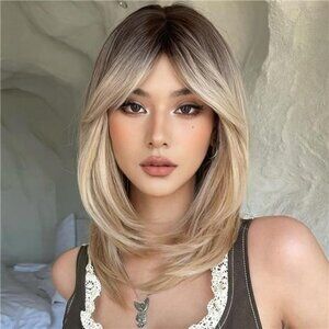 Wigs for Women Layered Synthetic Hair Wig with Highlight - Mixed Blonde with Dar